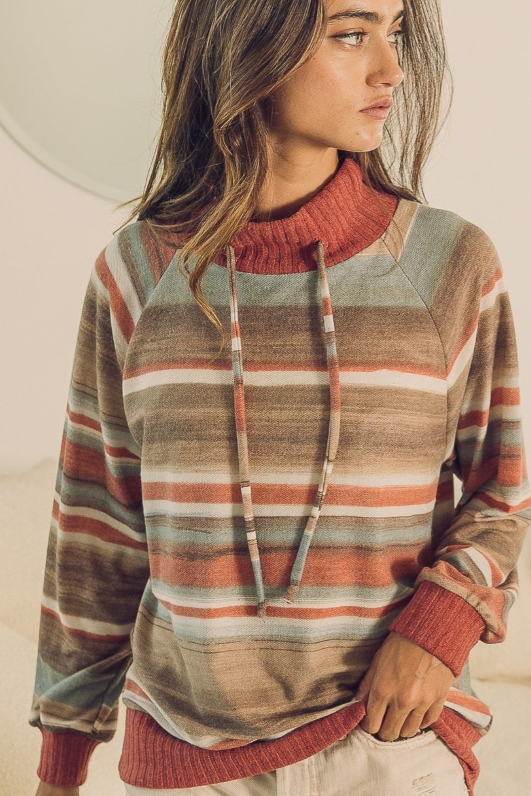 Multi Stripe Drawstring Neck