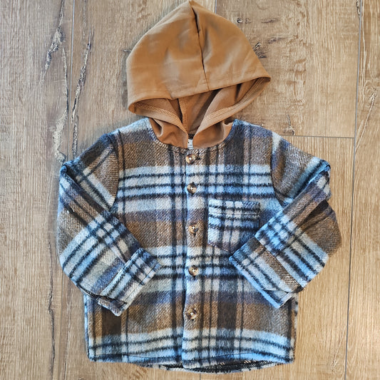 Brown & Blue Hooded Shacket